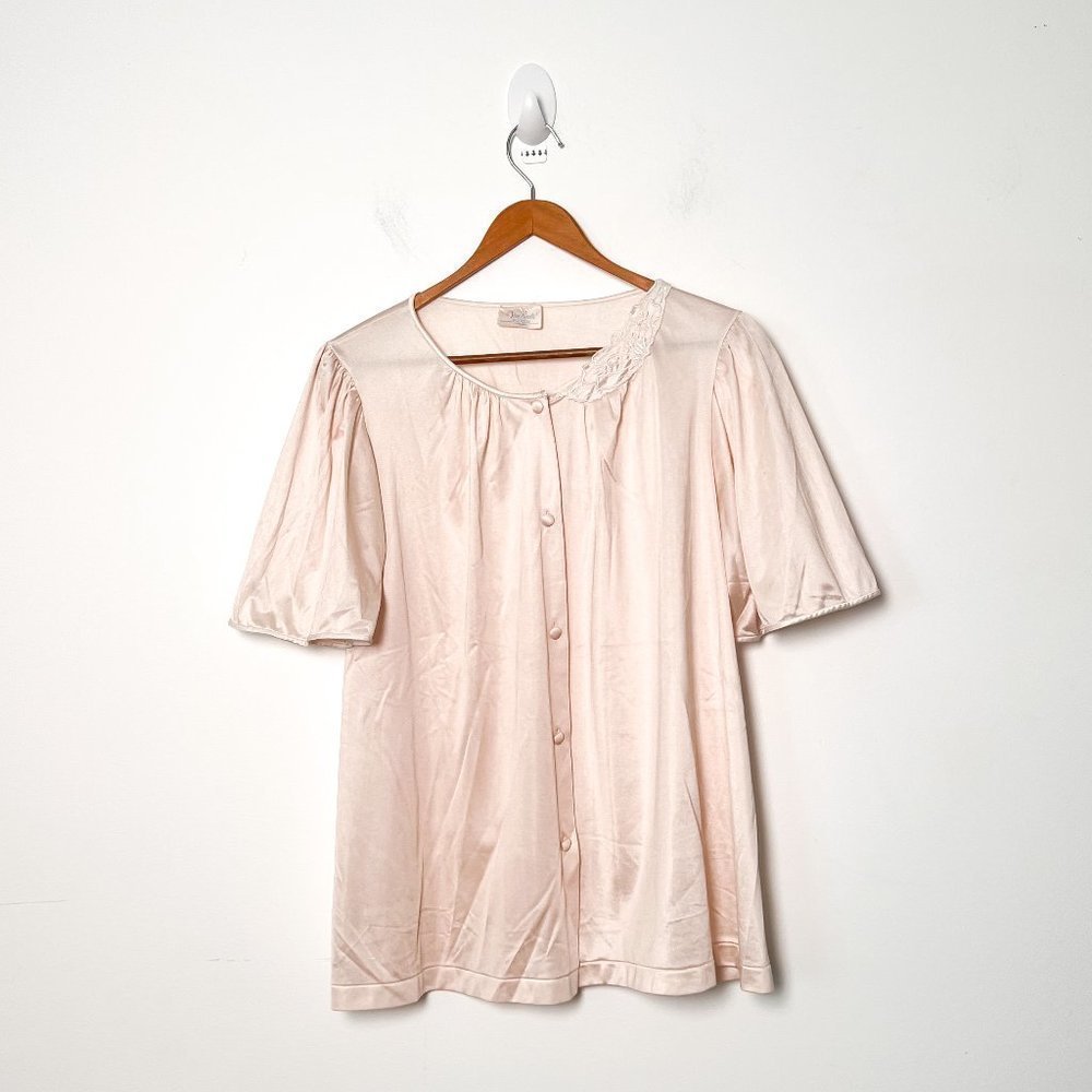 Vintage Cream Lace Satin Feminine Pink Short Sleeve Blouse